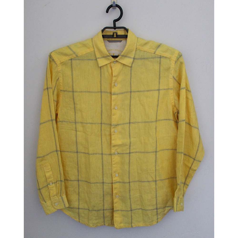 Tommy Bahama Linen Shirt Mens Small Yellow Windowpane Button Up Long Sleeve
